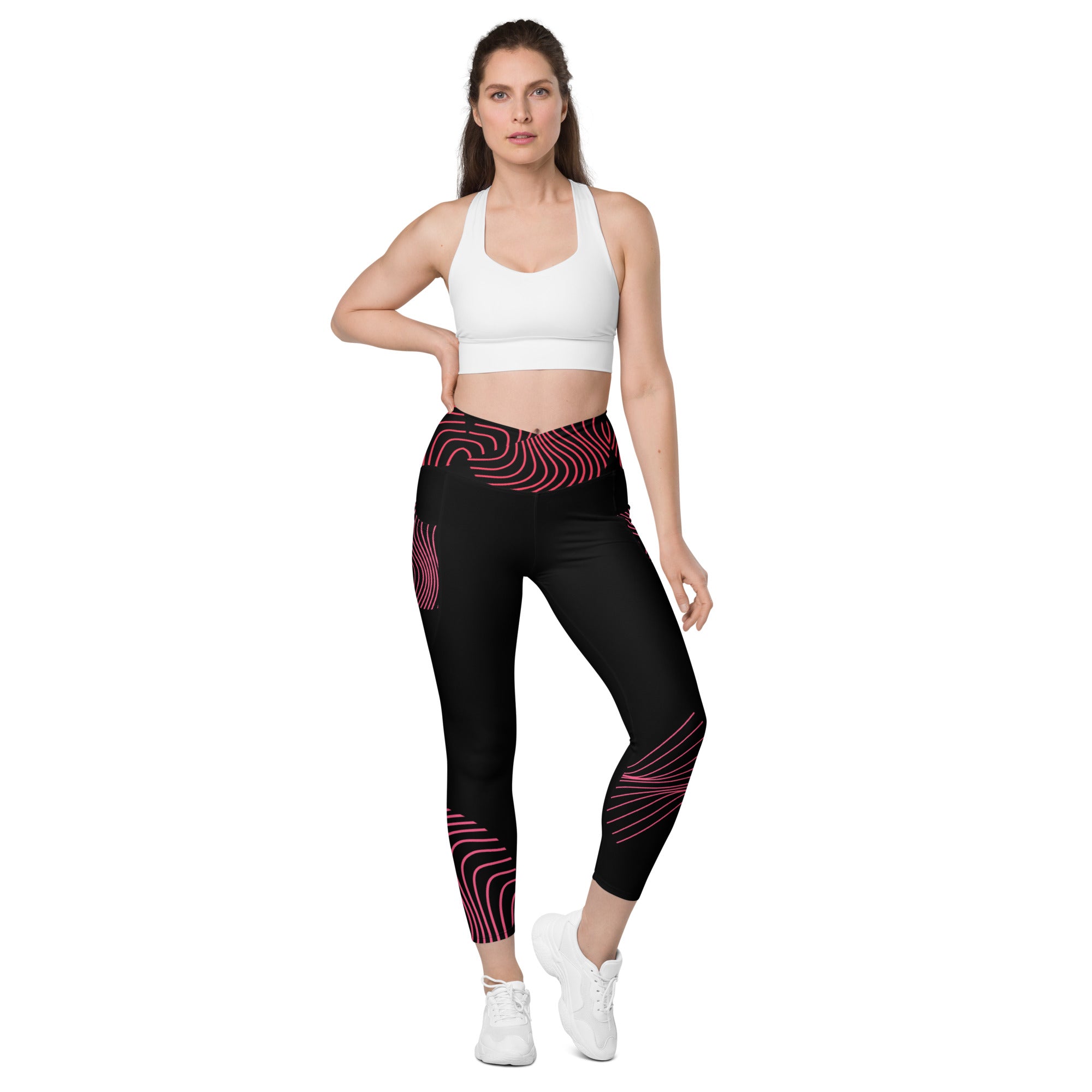 Black crossover leggings with pockets- activewear for gym girls. Fitness or yoga pants. RippleFX by WickedYo.
